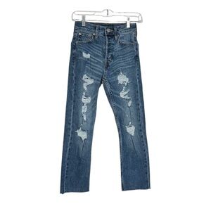 Aeropostale Super High Rise Straight Jeans Darker Wash Size 000 Ripped Distress